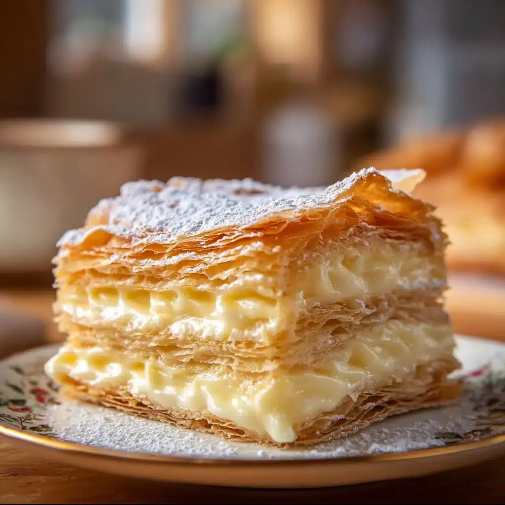 Slice of Thousand Leaves Italian Custard and Puff Pastry Cake on a plate