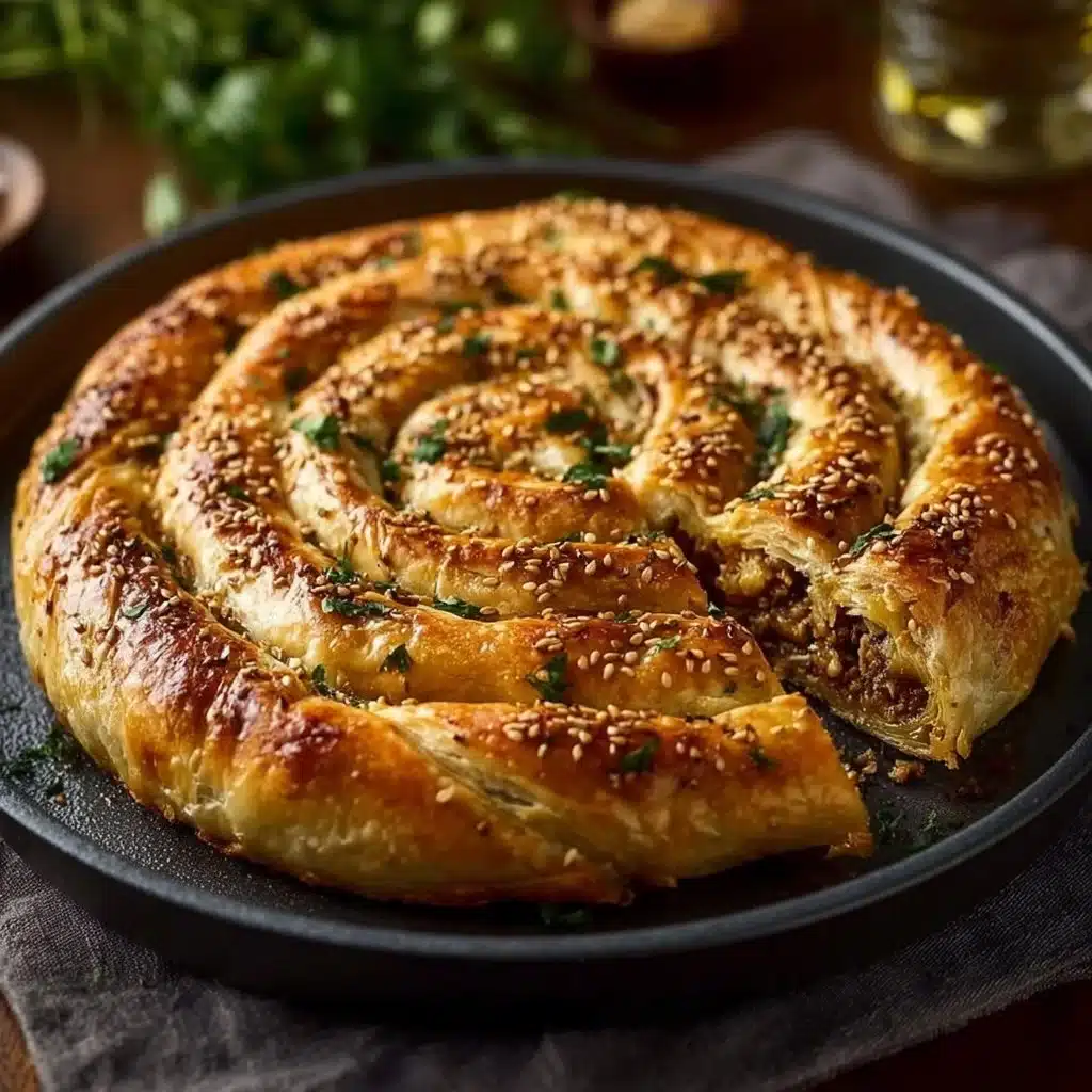 Delicious Turkish Spiral Borek served on a plate, showcasing flaky pastry and fillings.