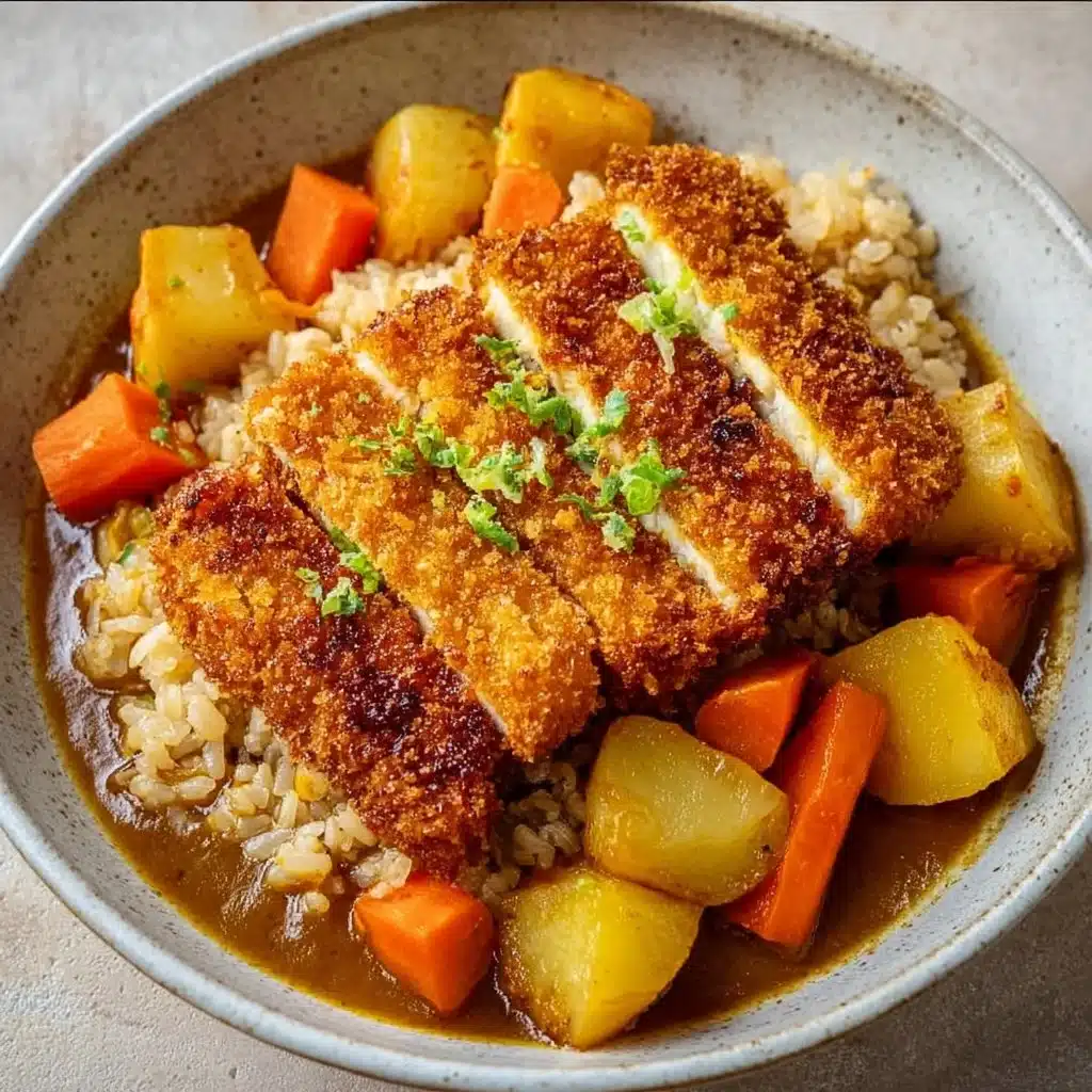 Bowl of Vegan Katsu Curry with crispy tofu and brown rice, garnished with vegetables.