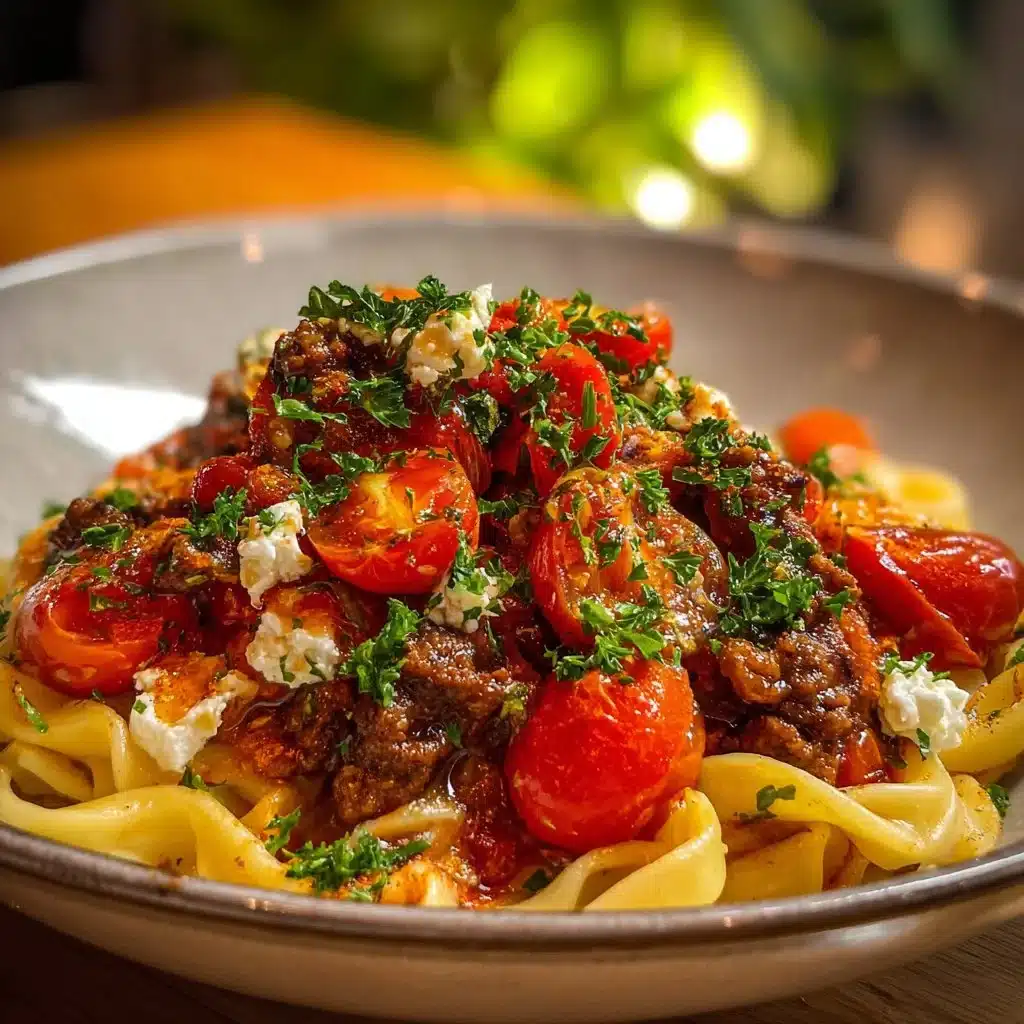A bowl of Viral Turkish Pasta garnished with fresh herbs and spices.