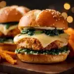 Delicious White Cheddar and Spinach Chicken Burgers on a plate