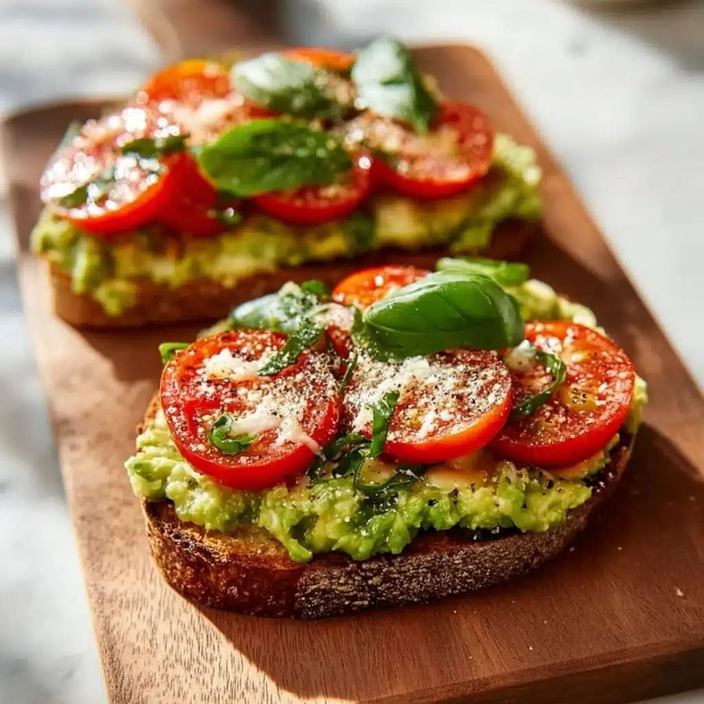 Avocado toast with fresh tomatoes and basil on a wooden table