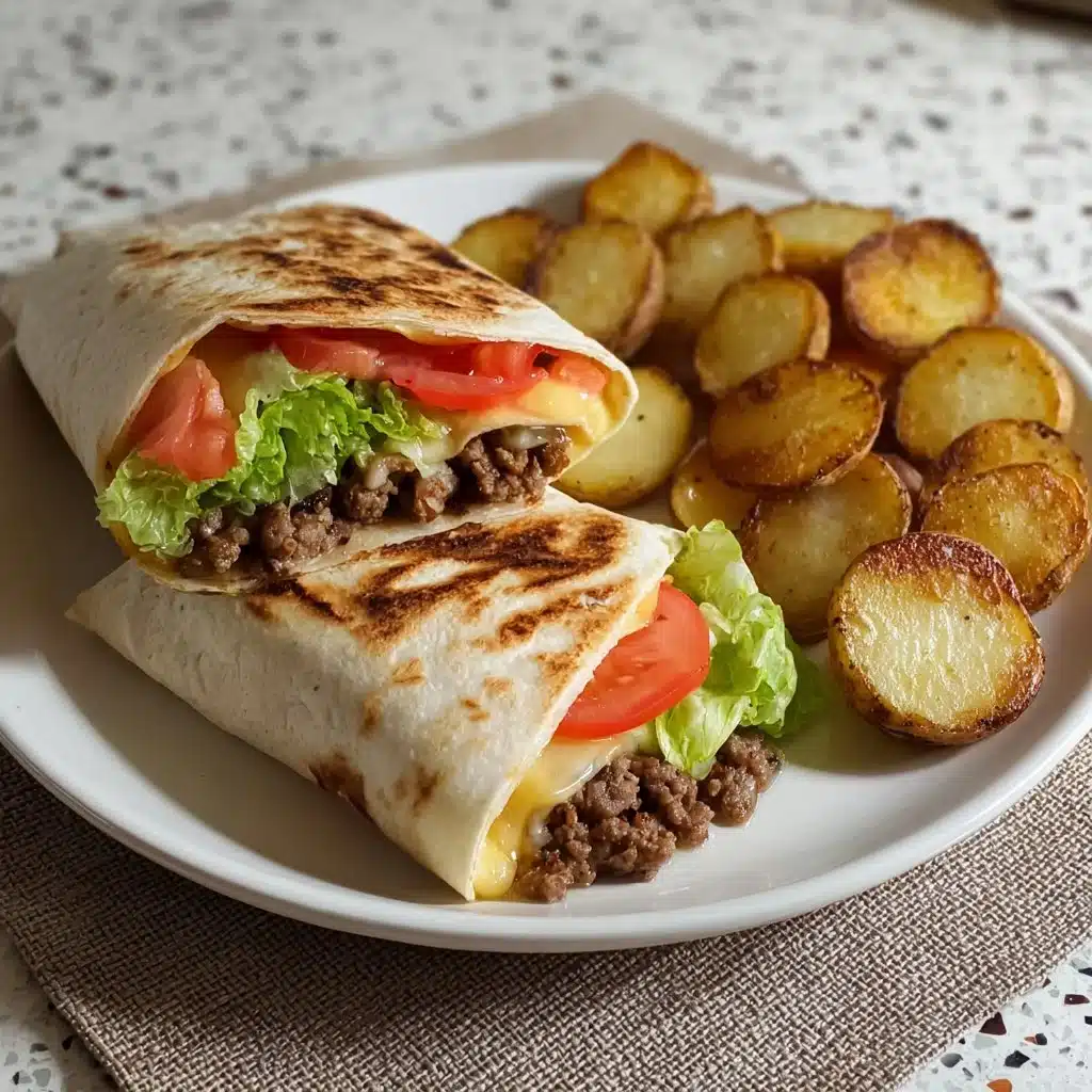 Beef wraps served with golden potato rings on a plate