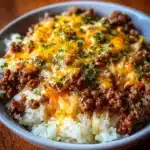 Cheesy beefy garlic butter rice bowl topped with melted cheddar and mozzarella