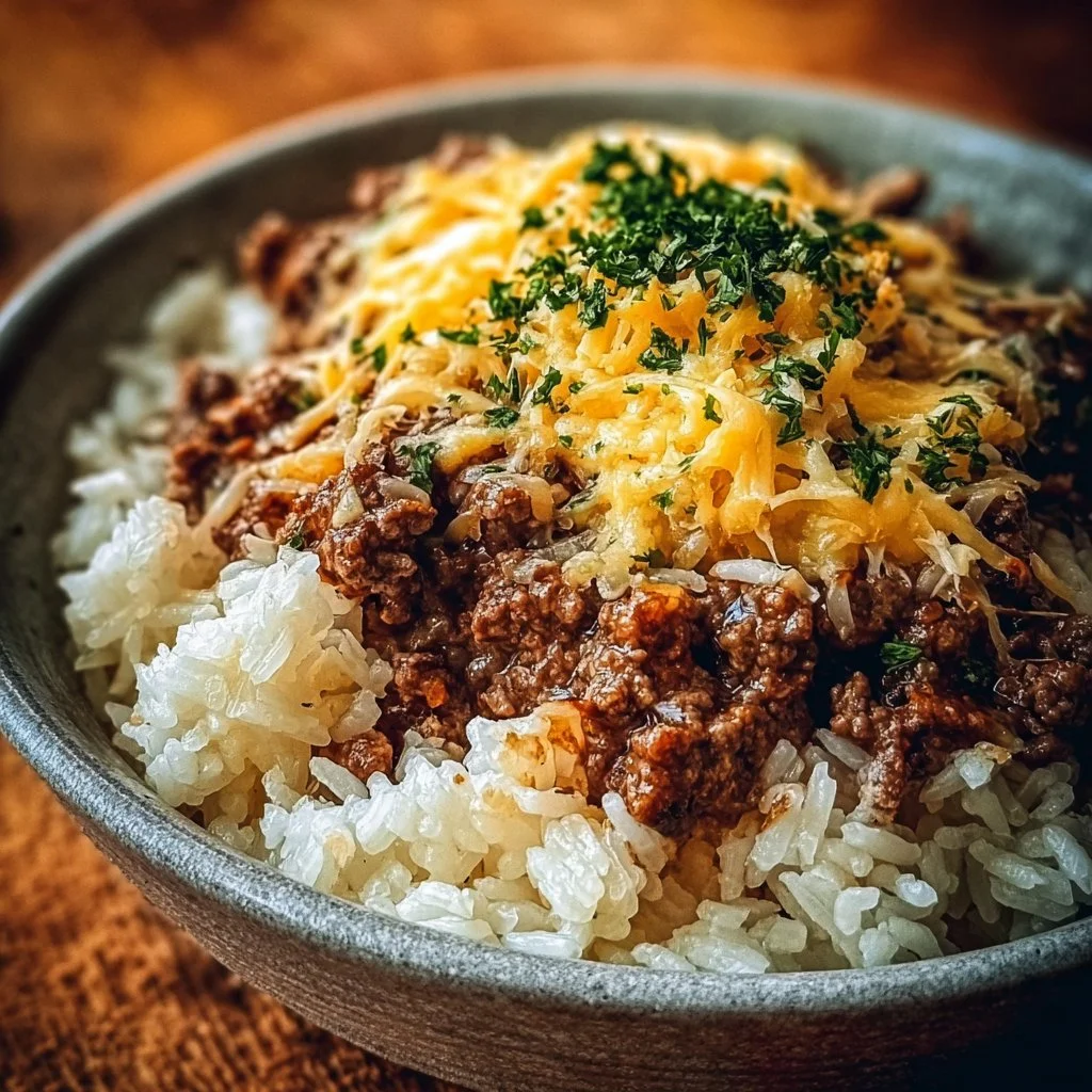 Cheesy Beefy Garlic Butter Rice Bowl with Melted Cheddar and Mozzarella