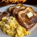 Classic French Toast Breakfast Plate with syrup and fresh fruit