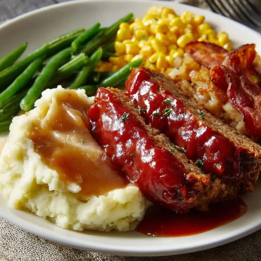 Classic meatloaf served with mashed potatoes, green beans, and corn on a plate.