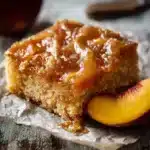 Delicious brown sugar peach cake topped with fresh peaches and a golden crust