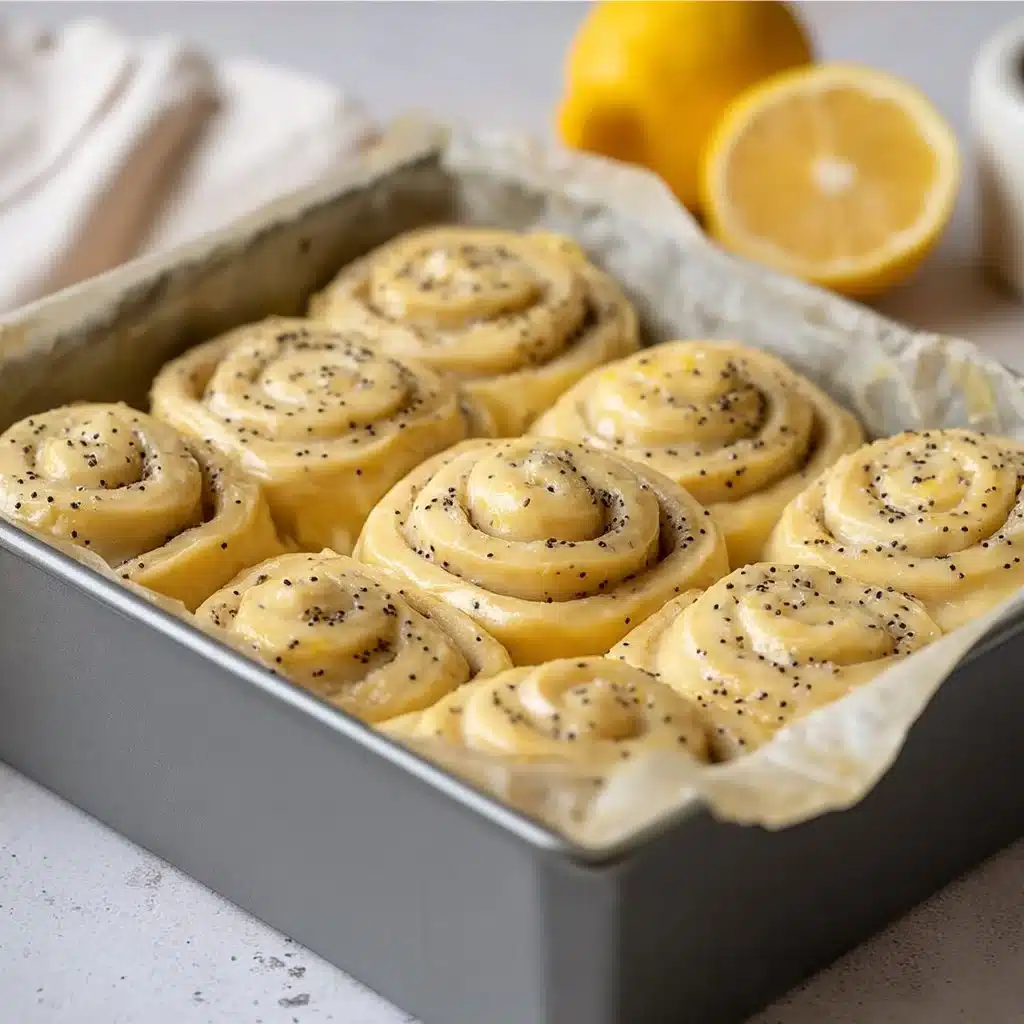 Fresh lemon poppyseed rolls topped with a lemon glaze and poppy seeds.