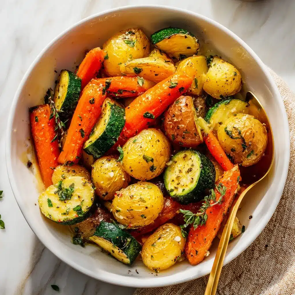 Garlic herb roasted potatoes with carrots and zucchini on a serving plate