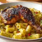 Grilled chicken served with creamy penne pasta on a plate