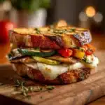 Delicious grilled veggie and mozzarella sandwich served on a rustic table.