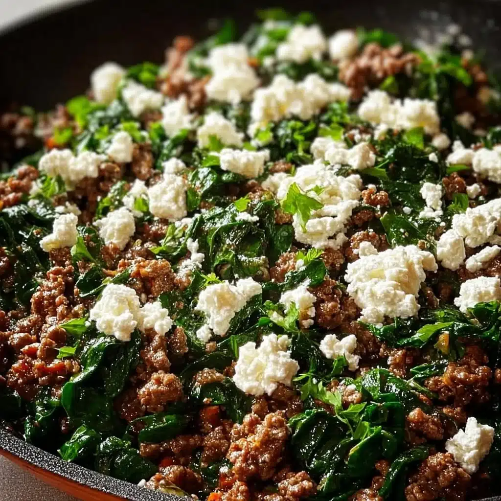 Ground beef and spinach skillet with feta cheese in a pan