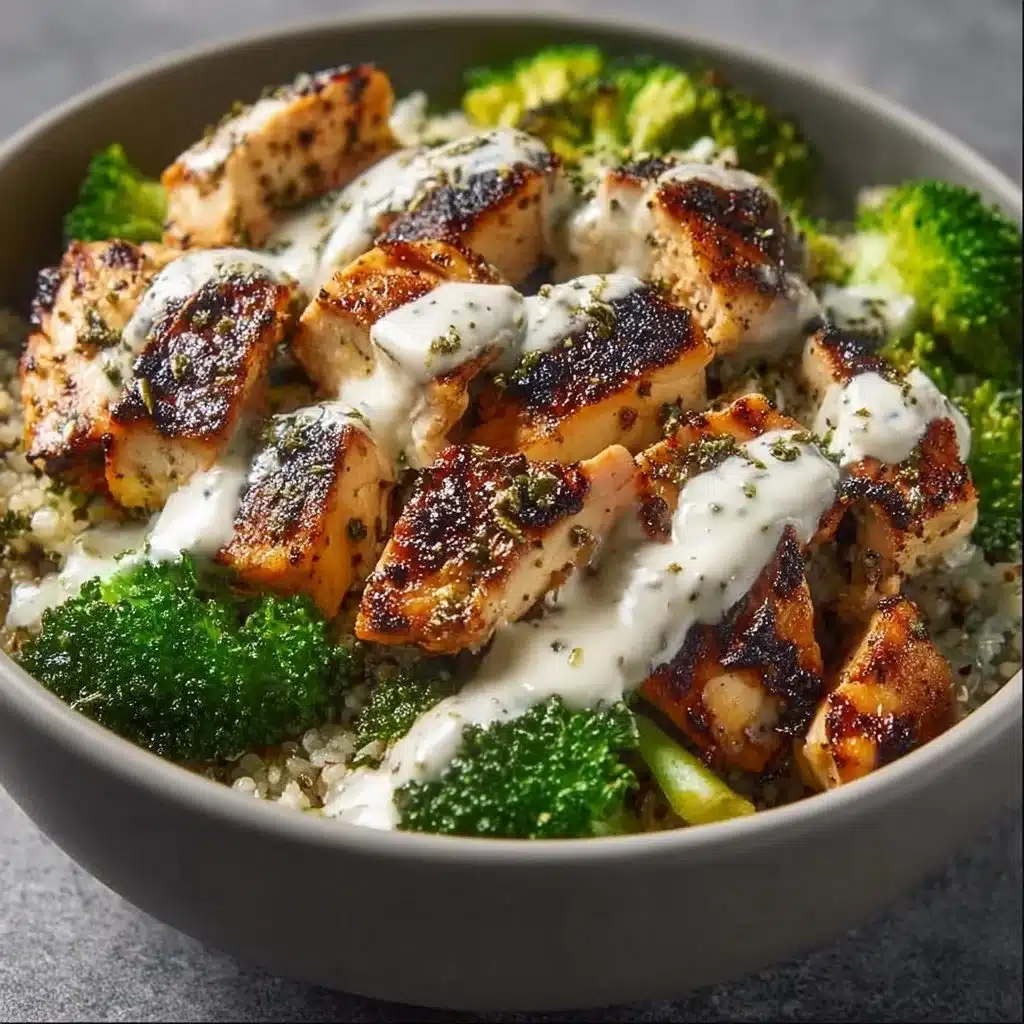 Healthy grilled chicken broccoli bowl with creamy garlic sauce