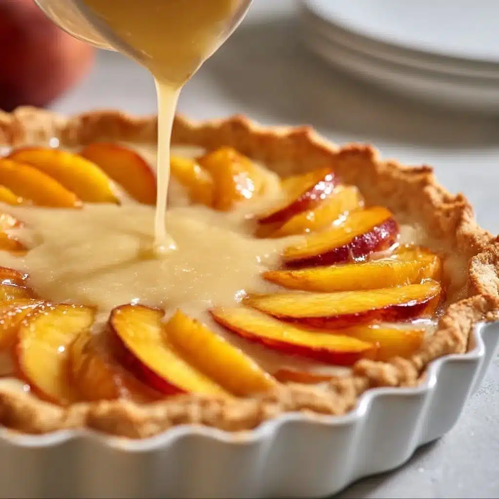 Slice of homemade peach custard pie with fresh peaches on top