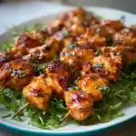 Juicy Bang Bang Chicken skewers served on a plate with dipping sauce