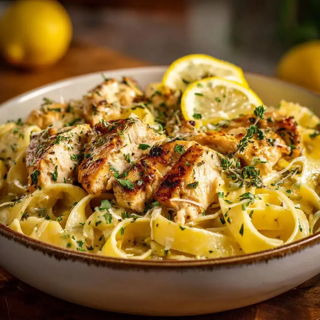 Plate of Lemon Butter Chicken Pasta garnished with herbs and lemon slices