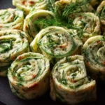 Light cucumber dill pinwheels served on a platter, a refreshing appetizer.