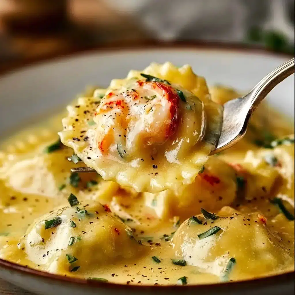 Plate of lobster ravioli drizzled with lemon butter sauce