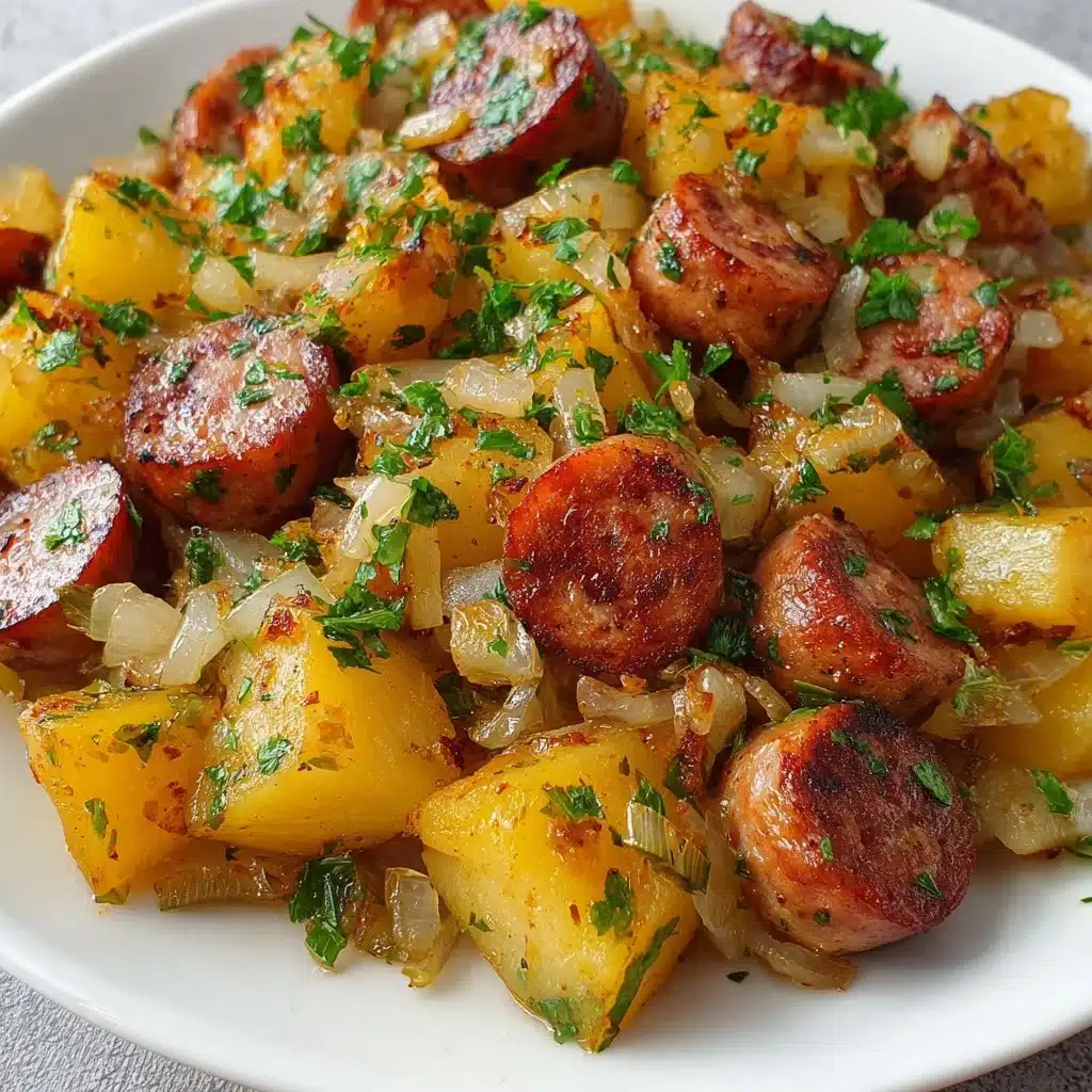 One pan smoked sausage dish with potatoes and onions