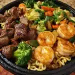 Delicious Steak and Shrimp Lo Mein served with colorful vegetables and noodles