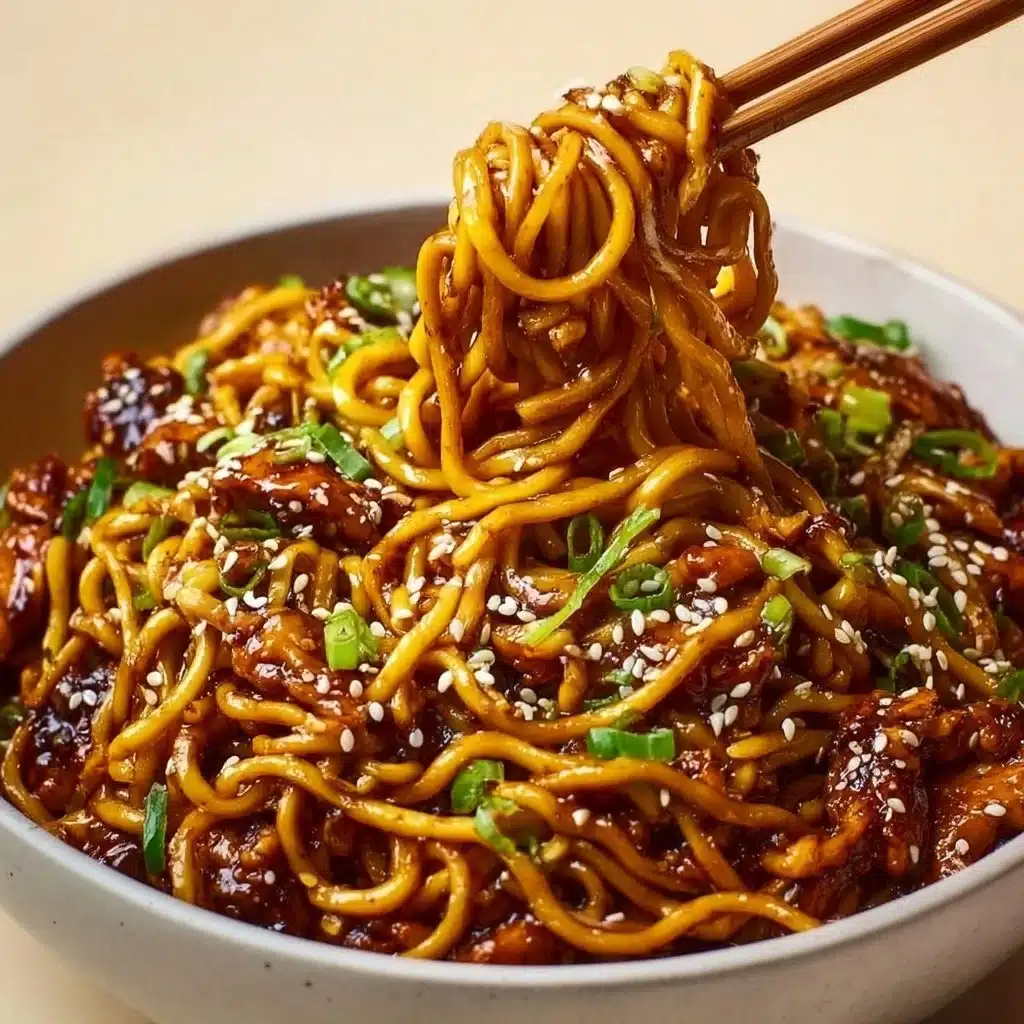 Sticky Garlic Chicken Noodles served in a bowl with fresh garnishes