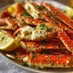 Delicious steamed garlic-butter crab legs served on a plate