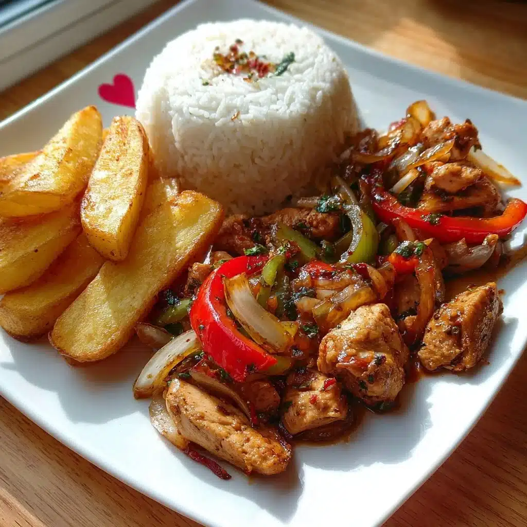 Plate of ultimate pepper chicken served with rice and crispy fries
