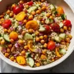 Vegan Pearl Couscous Salad with colorful vegetables and dressing