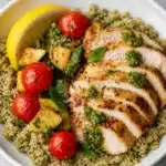 High-Protein Pesto Chicken & Quinoa Bowl with vegetables