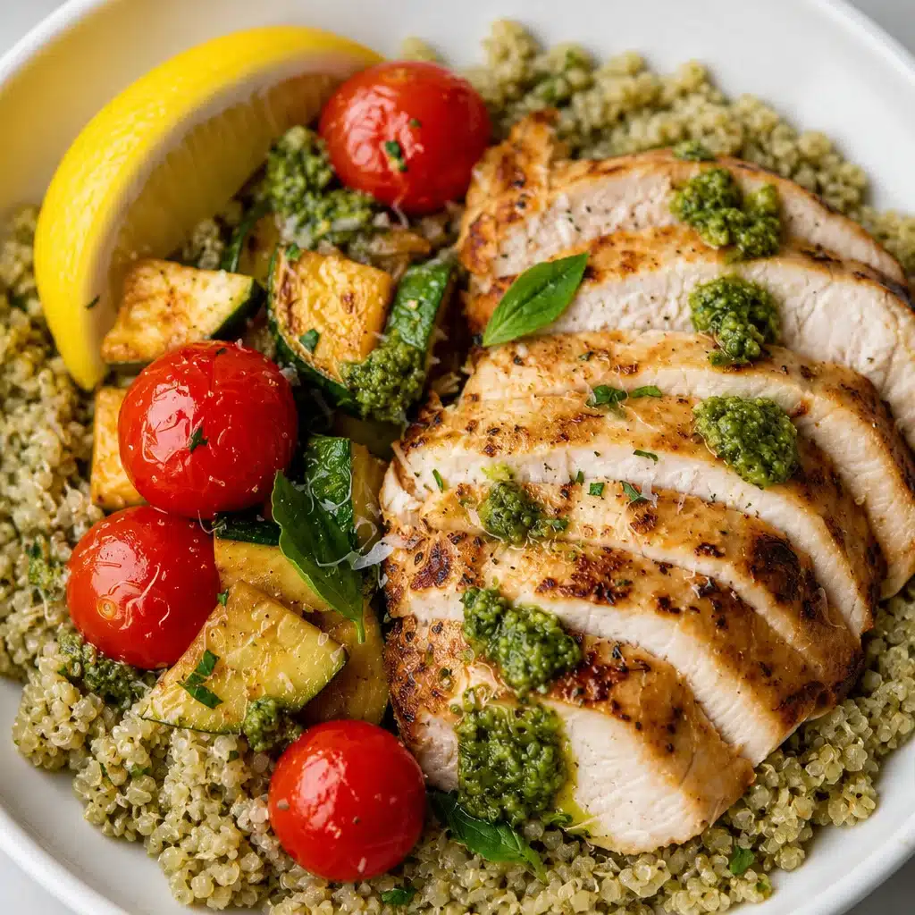 High-Protein Pesto Chicken & Quinoa Bowl with vegetables