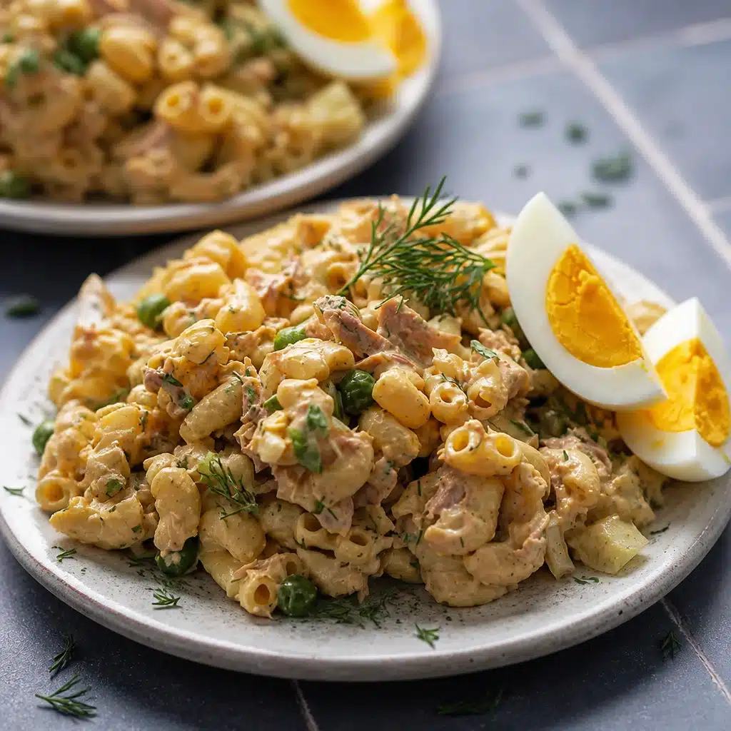 Creamy High-Protein Tuna Macaroni Salad with fresh veggies and Greek yogurt dressing.