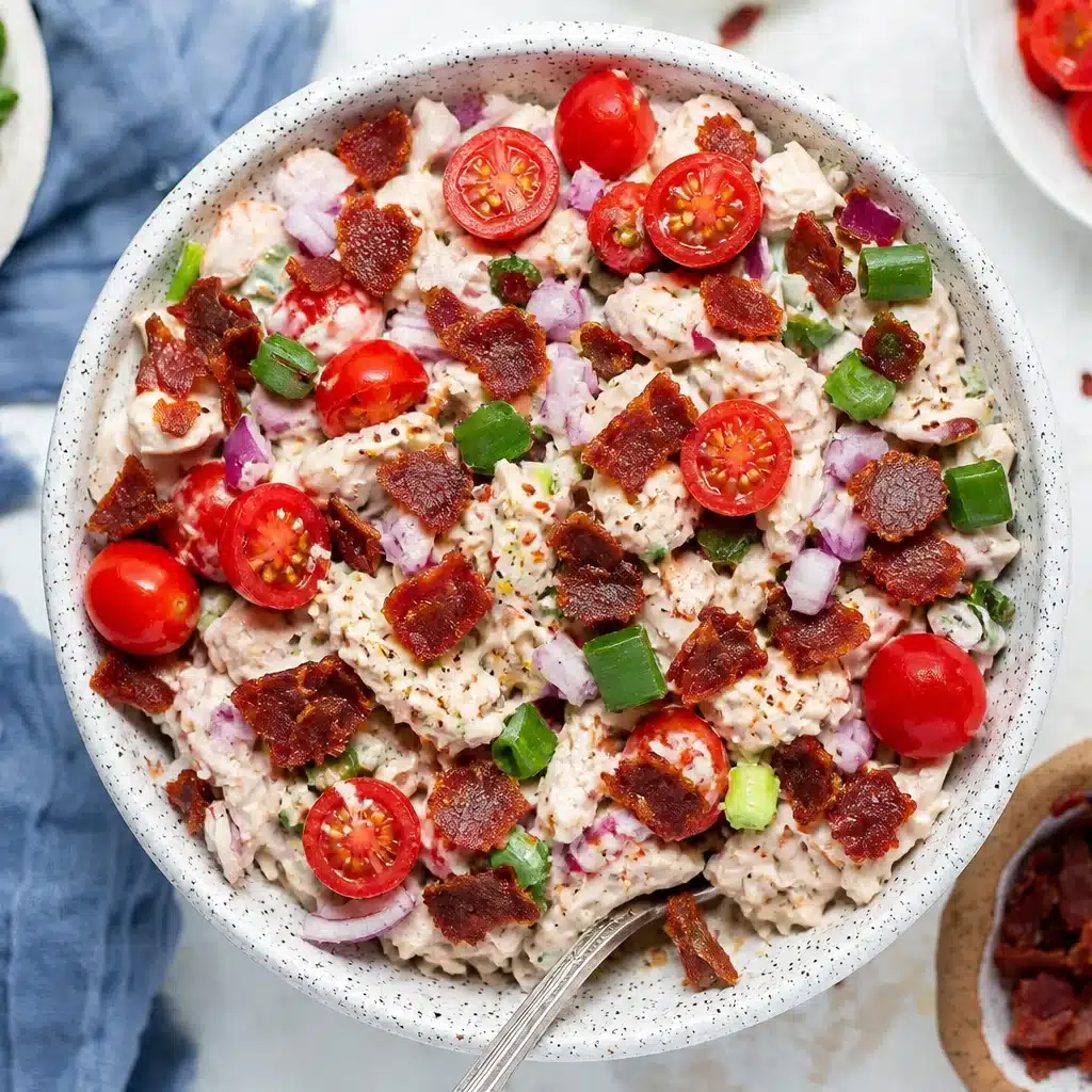 High-Protein Greek Yogurt BLT Chicken Salad with bacon, chicken, and fresh vegetables.