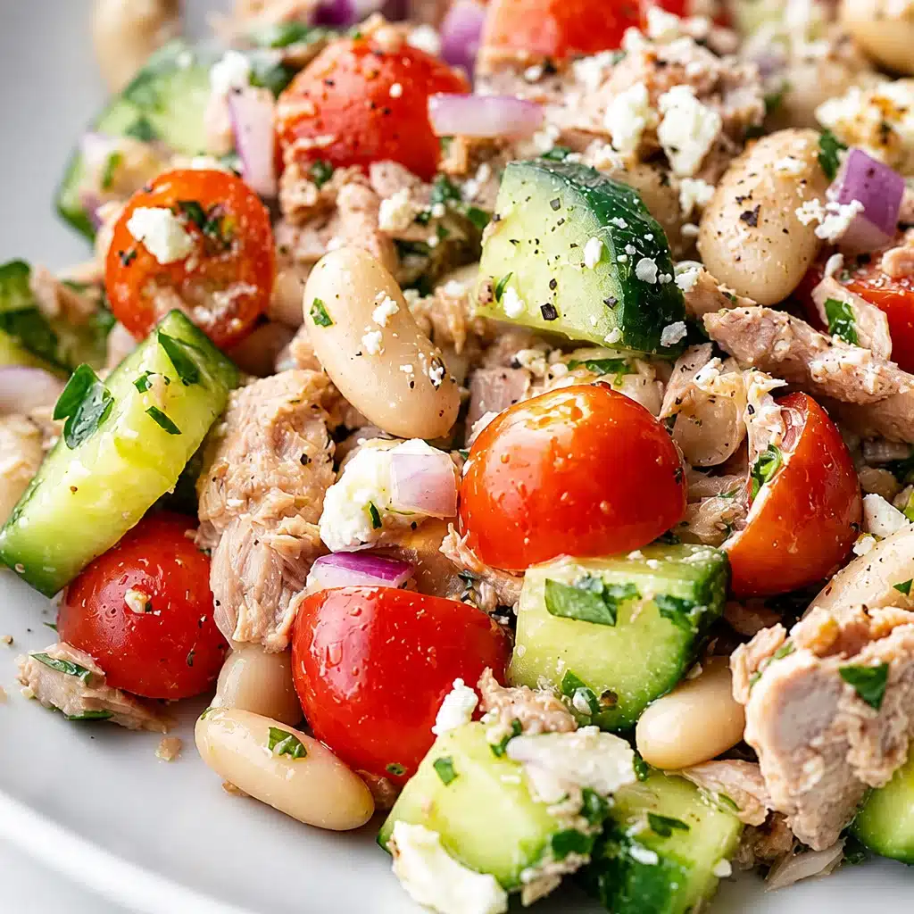 High-Protein Mediterranean Tuna Salad Bowl with fresh ingredients and creamy dressing.