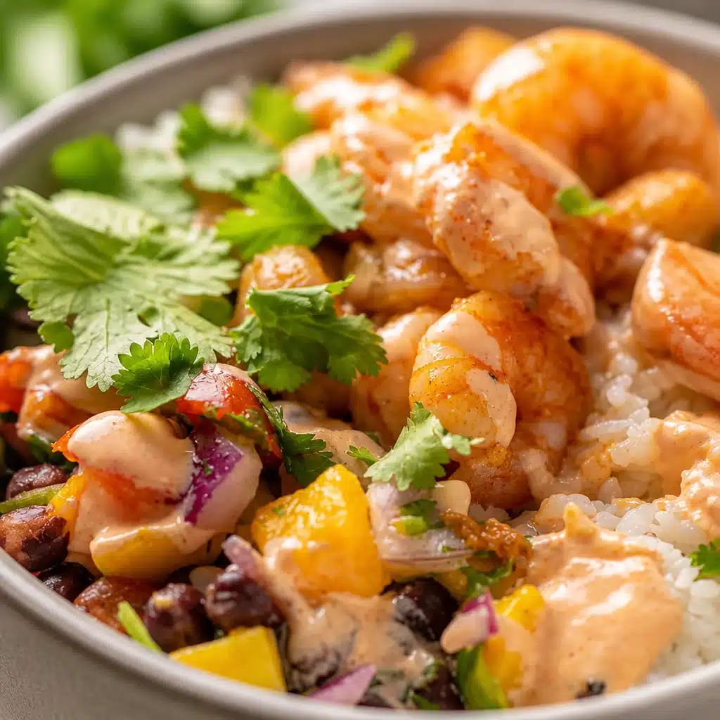 Delicious High-Protein Shrimp & Mango Salsa Bowls topped with fresh ingredients.