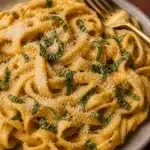 Creamy high-protein butternut squash pasta topped with herbs and served in a bowl.