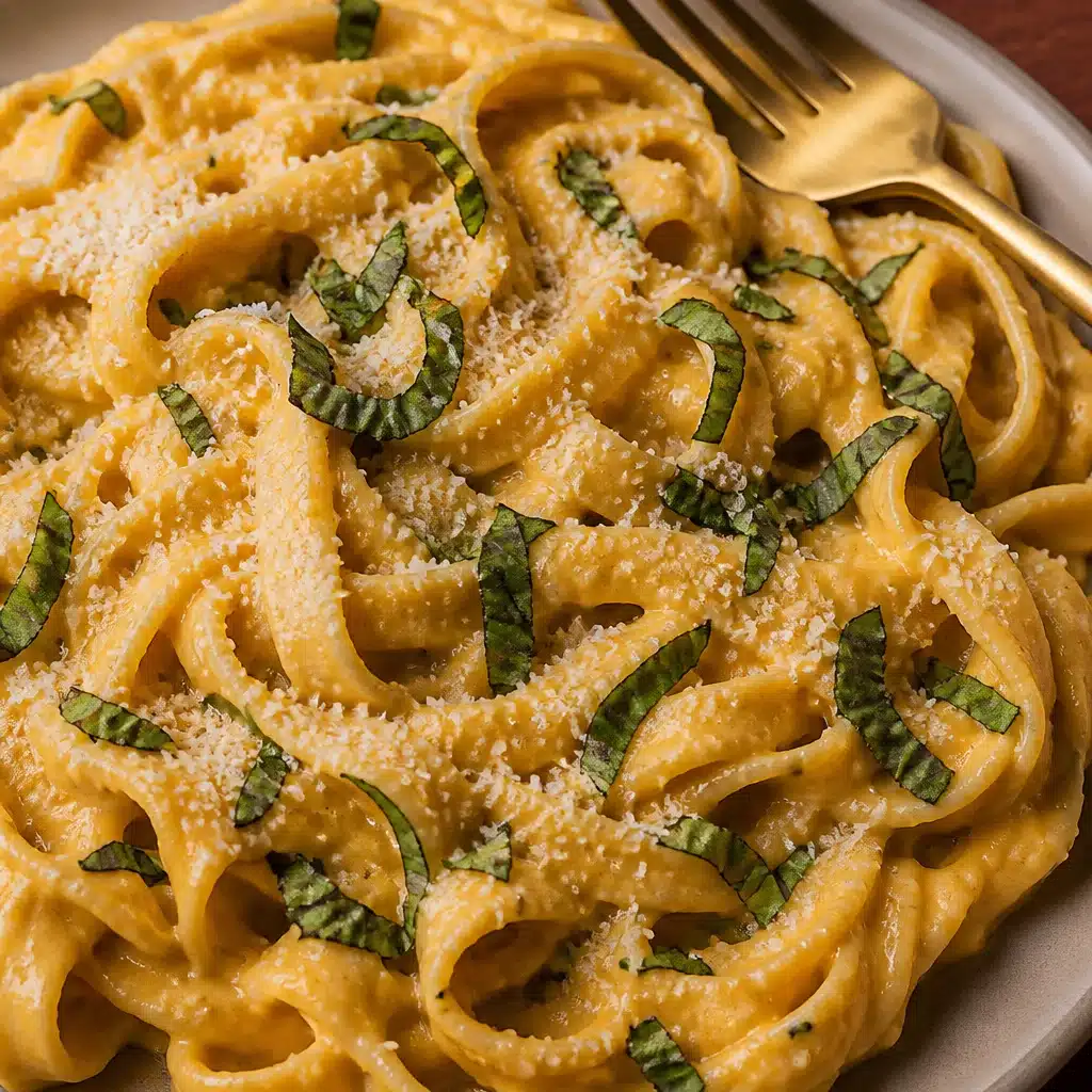 Creamy high-protein butternut squash pasta topped with herbs and served in a bowl.