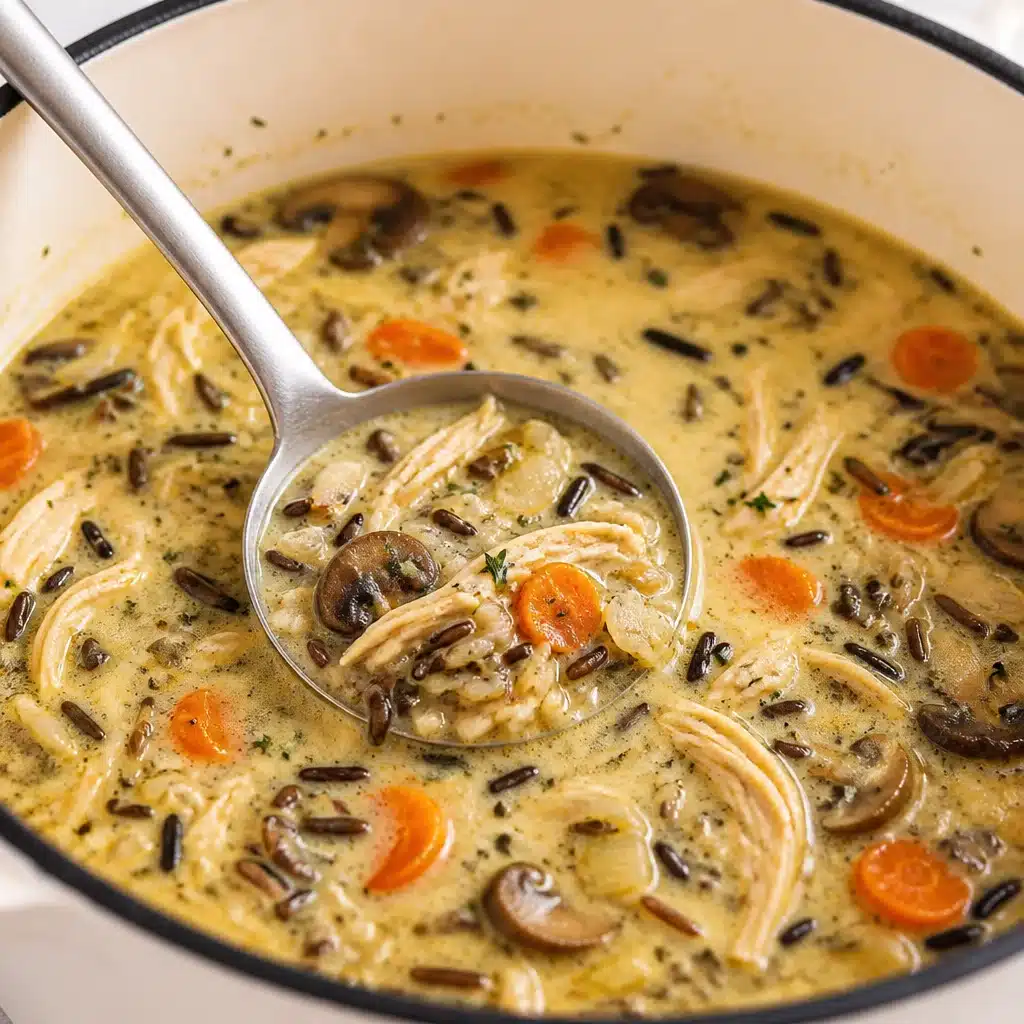 Delicious Macro-Friendly Creamy Chicken & Wild Rice Soup with vegetables and herbs.