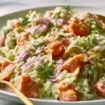 High-protein salmon salad in a bowl with fresh vegetables and dressing.