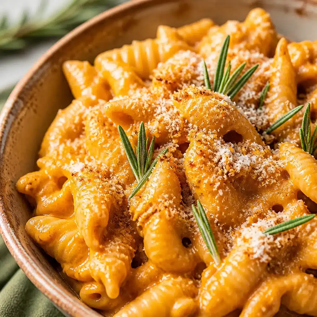 Creamy Macro-Friendly Pumpkin Mac & Cheese topped with roasted vegetables