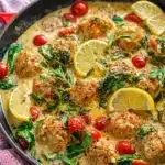High-Protein Creamy Tuscan Turkey Meatballs served with pasta on a plate