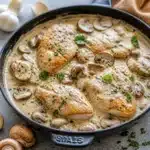 Macro-Friendly Creamy Mushroom Garlic Chicken with garlic sauce and fresh mushrooms