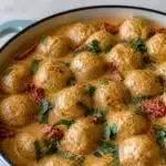 Creamy and healthy Macro-Friendly Marry Me Chicken Meatballs served with orzo pasta.