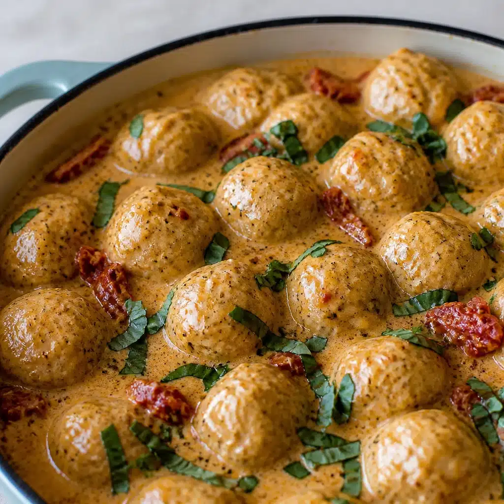 Creamy and healthy Macro-Friendly Marry Me Chicken Meatballs served with orzo pasta.