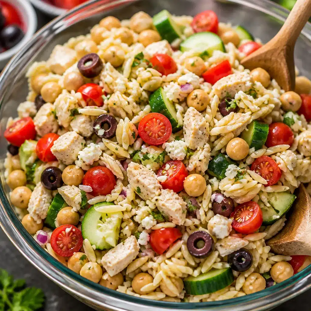 High-Protein Zesty Greek Chicken & Chickpea Salad with fresh veggies and feta cheese.