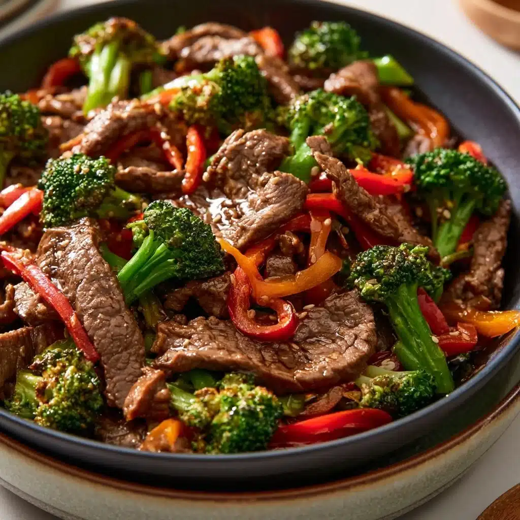 Colorful beef stir fry with vegetables in a skillet