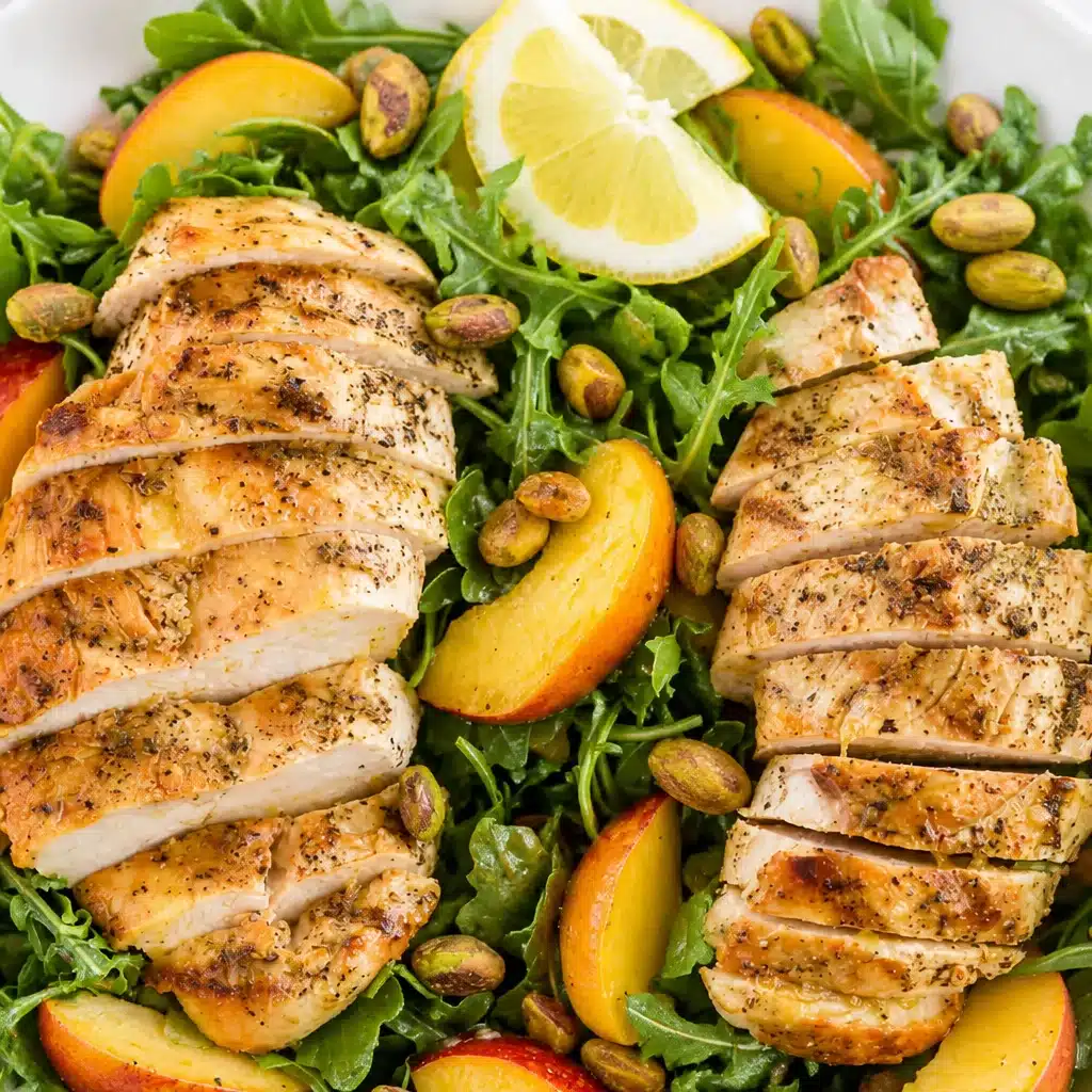 High-Protein Grilled Chicken & Peach Salad Bowl with fresh ingredients
