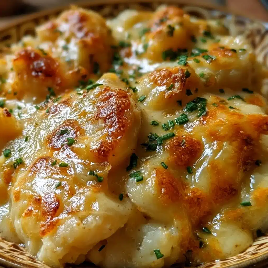 Cheesy Potato Casserole dish topped with golden cheese and herbs.
