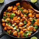 Juicy chicken breast and roasted sweet potatoes on a plate, delicious recipe