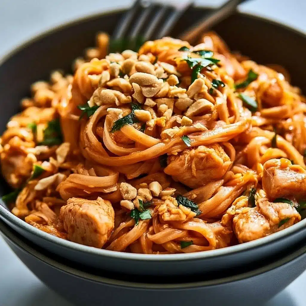 Delicious homemade Chicken Pad Thai served with lime and peanuts
